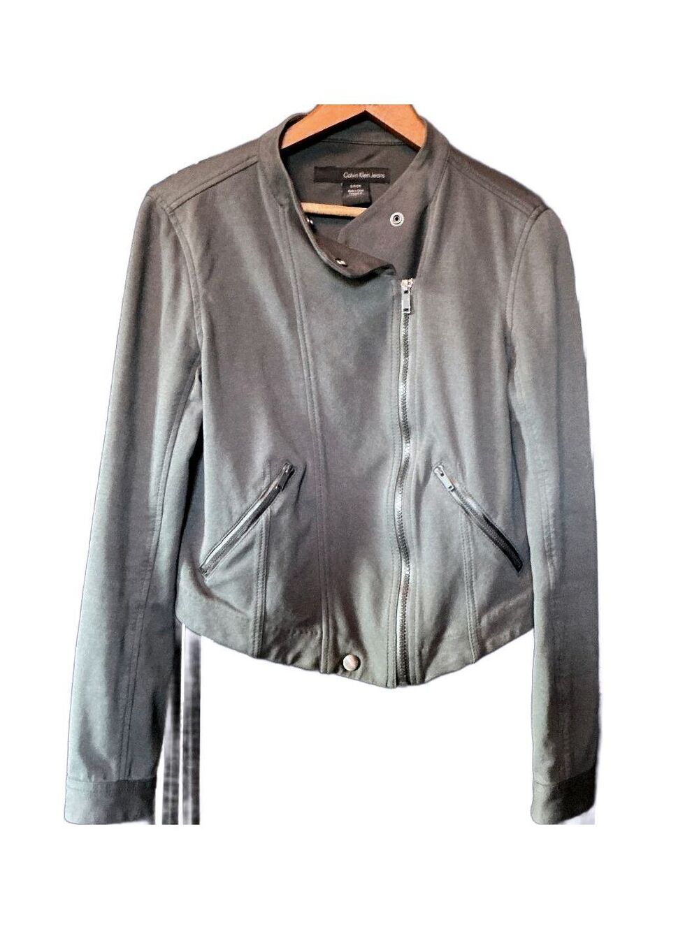 Calvin Klein Jeans Knit Moto Jacket in Muted Olive Gray Hue Sz Small